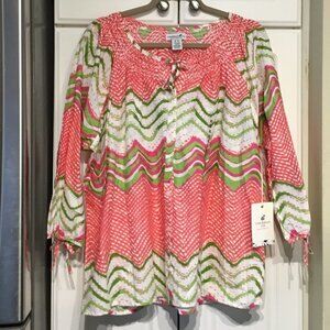 Caribbean Joe Pink & Green Flowy Cotton Button Up Top NWT